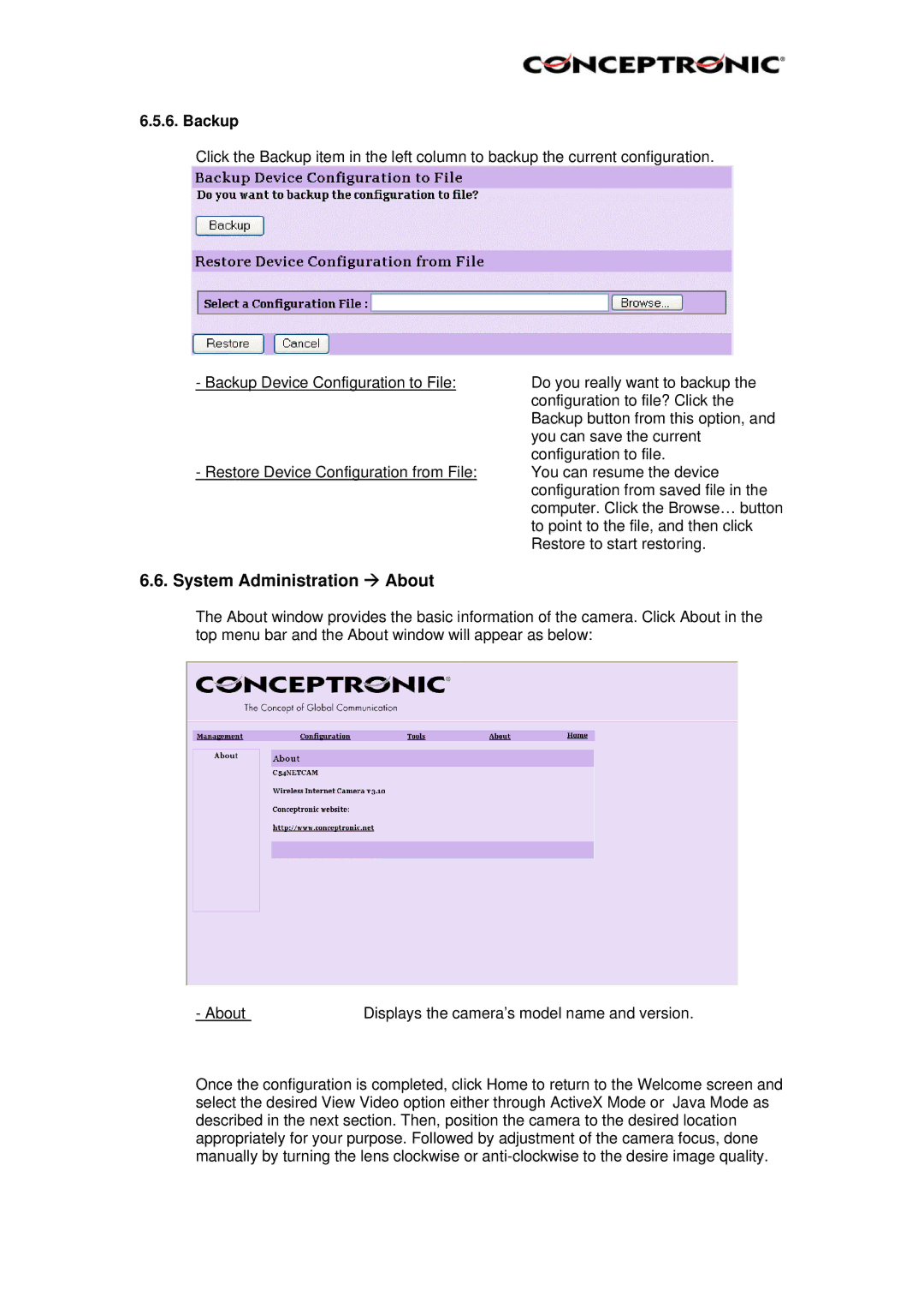 Conceptronic Conceptronic, CNETCAM, C54NETCAM manual System Administration Æ About, Backup 