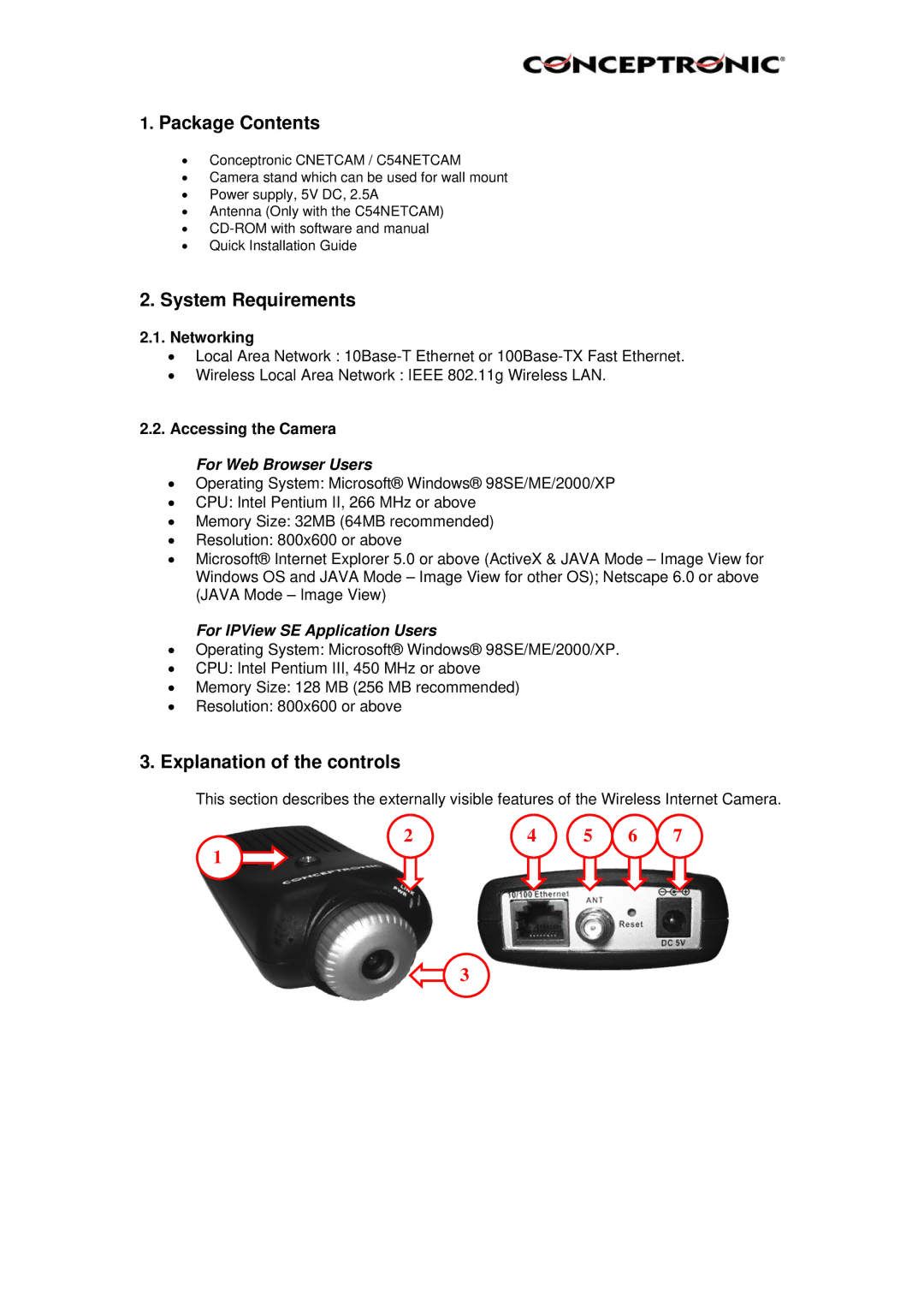 Conceptronic Conceptronic, CNETCAM, C54NETCAM manual Package Contents, System Requirements, Explanation of the controls 