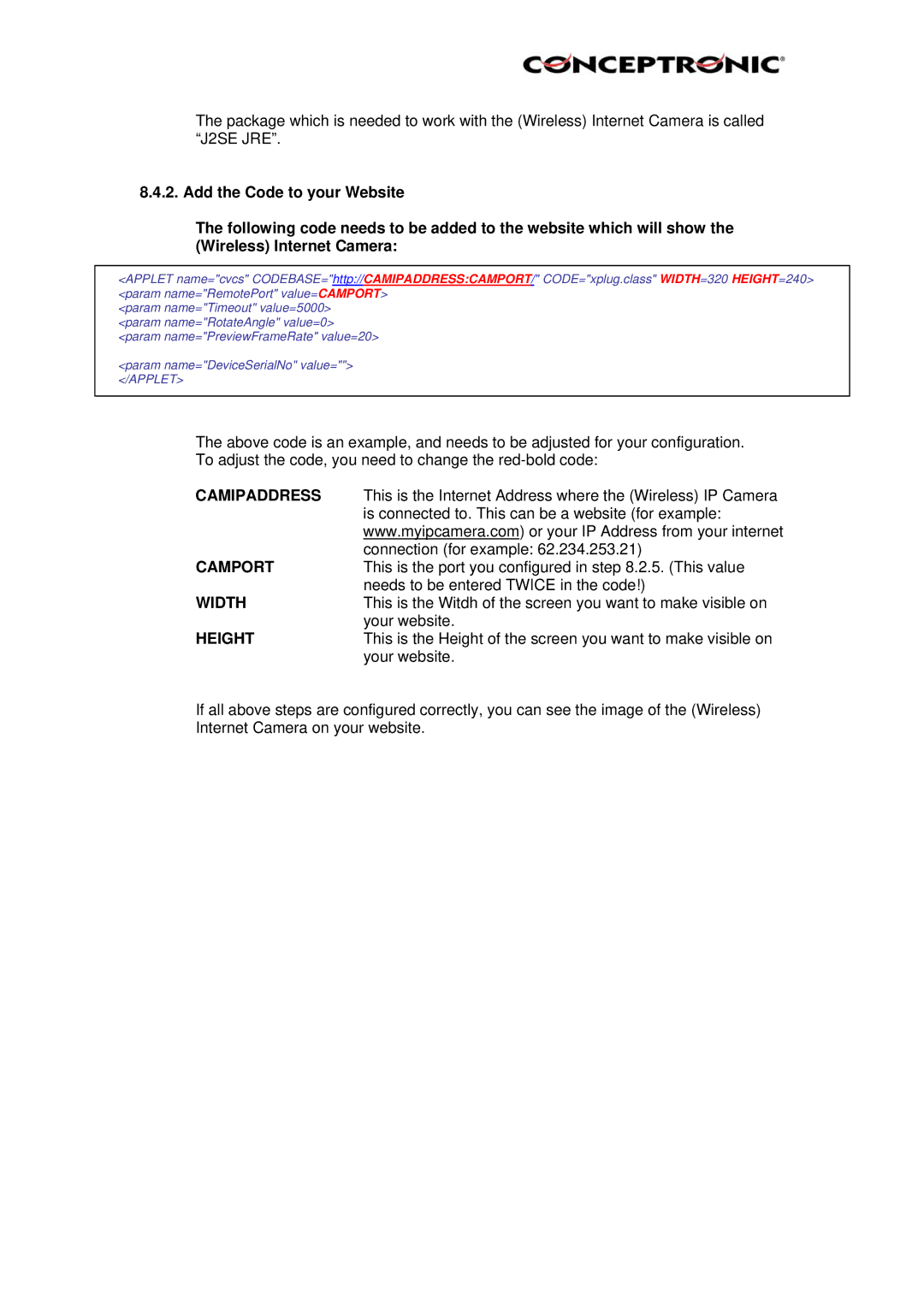 Conceptronic CNETCAM, Conceptronic, C54NETCAM manual Camipaddress, Camport, Width, Height 