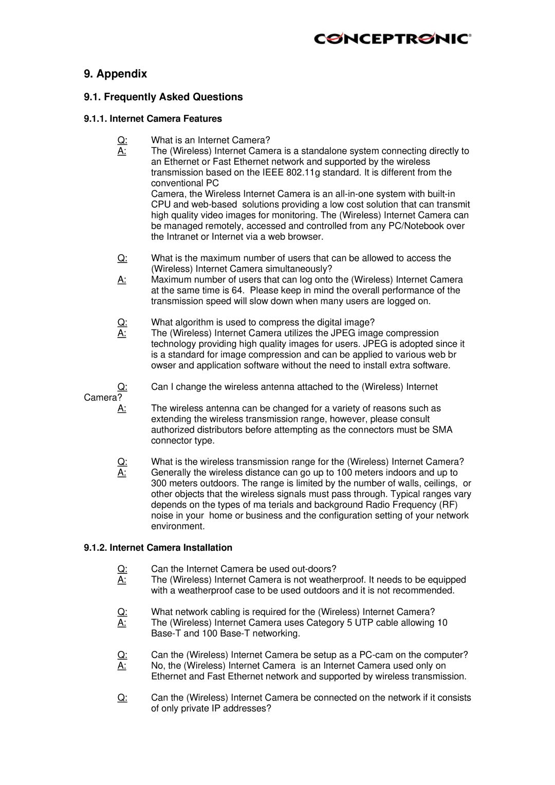 Conceptronic C54NETCAM manual Appendix, Frequently Asked Questions, Internet Camera Features, Internet Camera Installation 