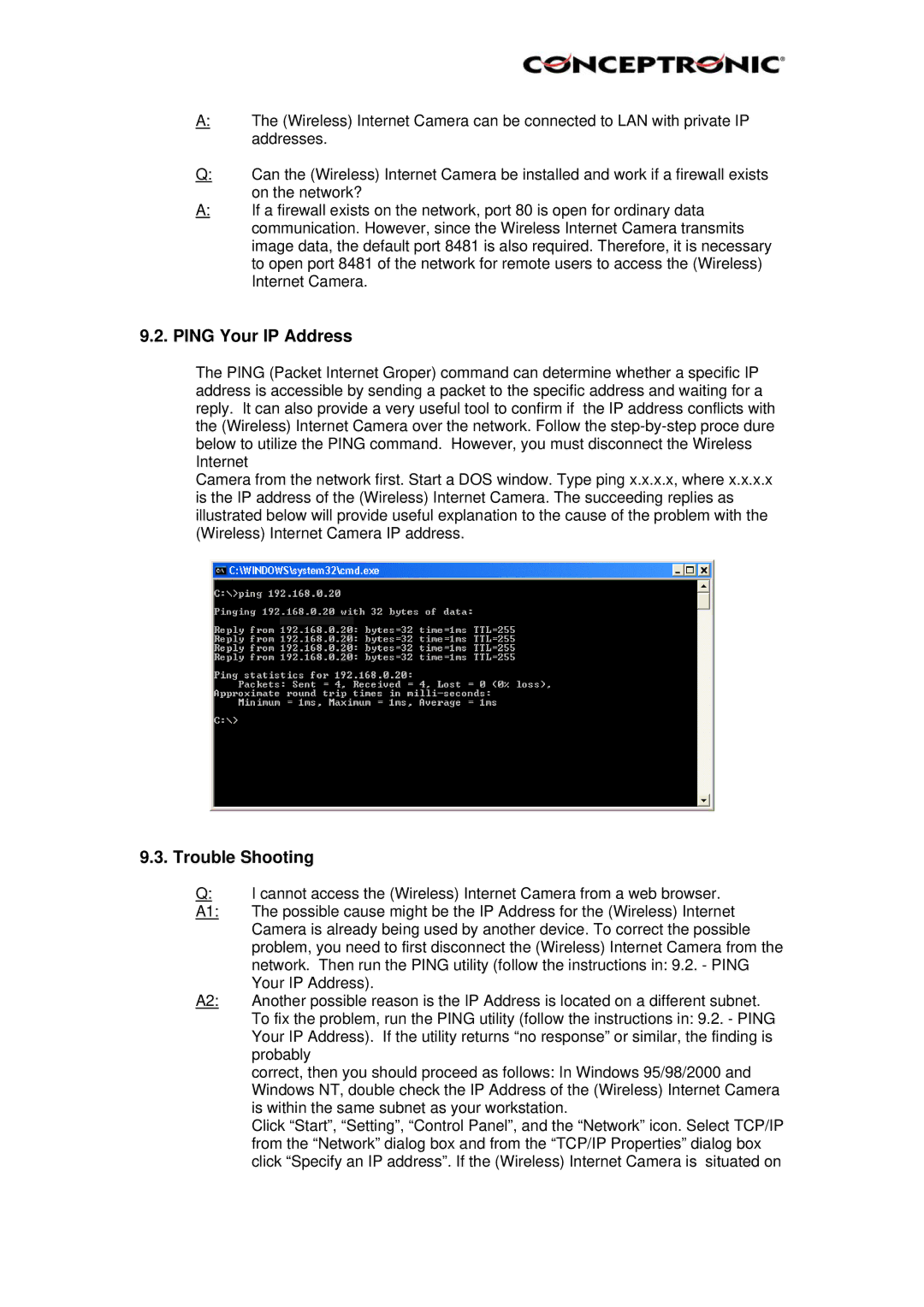 Conceptronic Conceptronic, CNETCAM, C54NETCAM manual Ping Your IP Address, Trouble Shooting 