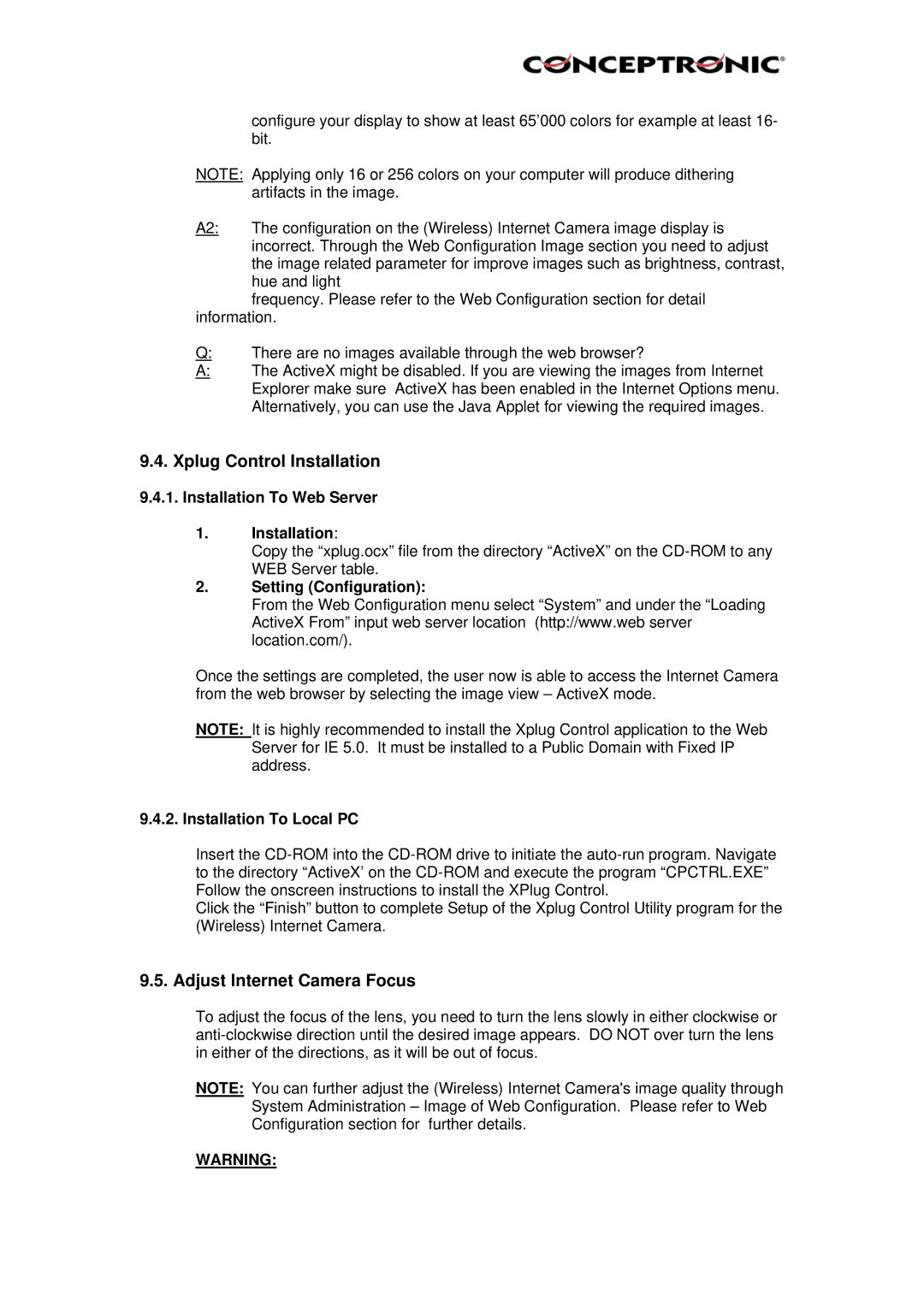 Conceptronic C54NETCAM, Conceptronic Xplug Control Installation, Adjust Internet Camera Focus, Installation To Web Server 