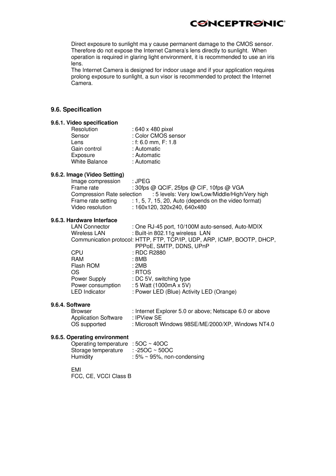 Conceptronic Conceptronic, CNETCAM, C54NETCAM manual Specification 