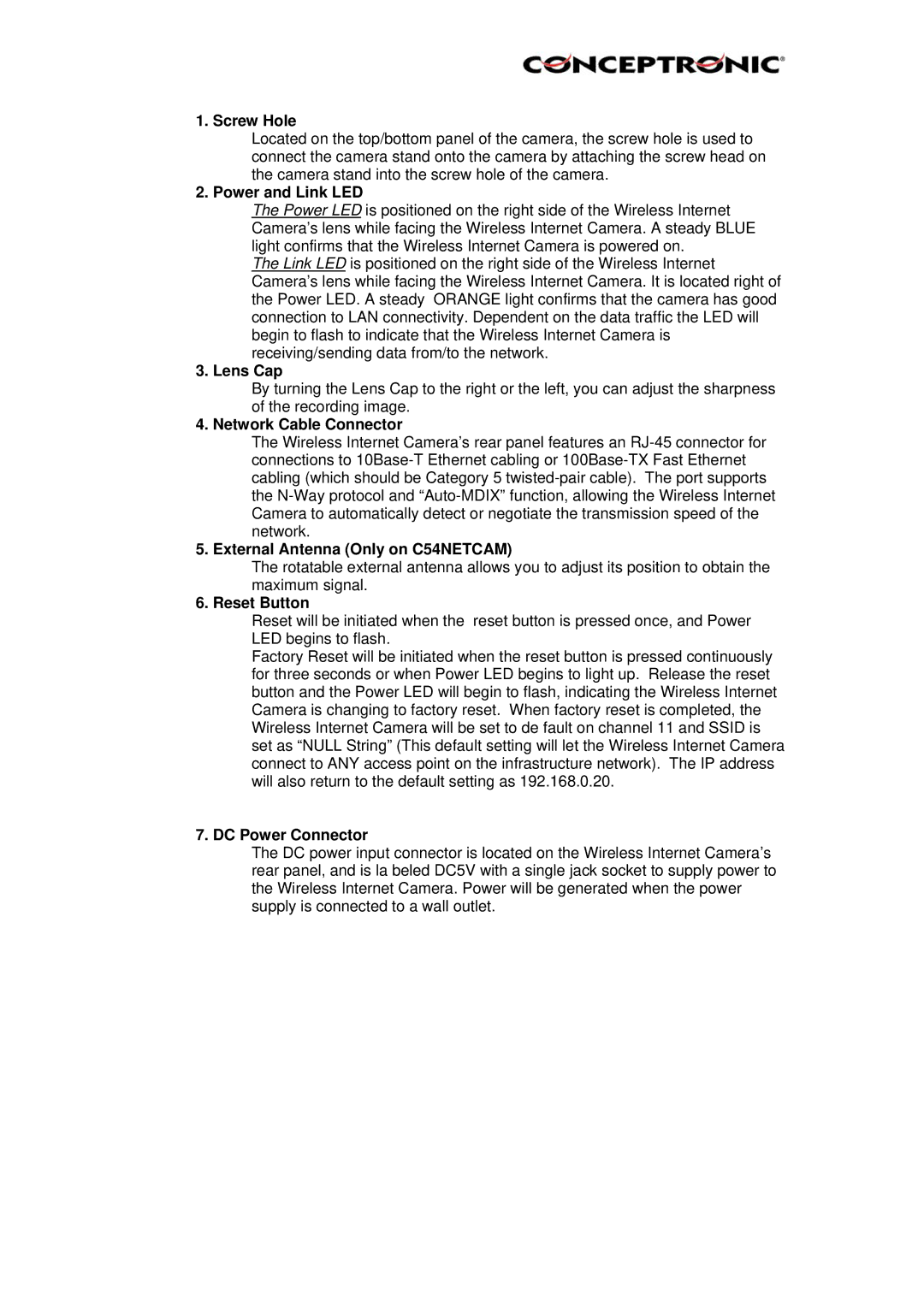 Conceptronic CNETCAM Screw Hole, Power and Link LED, Lens Cap, Network Cable Connector, External Antenna Only on C54NETCAM 