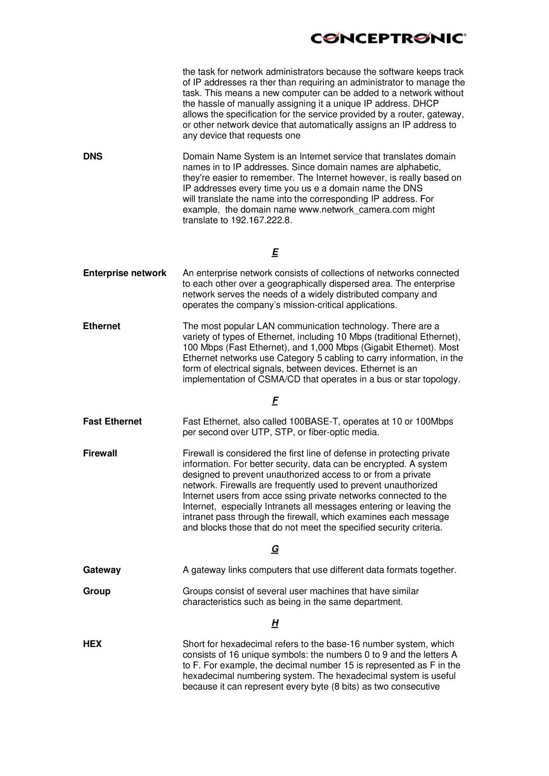 Conceptronic C54NETCAM, Conceptronic, CNETCAM manual Dns, Hex 