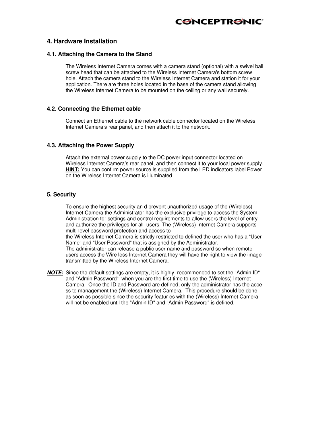 Conceptronic C54NETCAM Hardware Installation, Attaching the Camera to the Stand, Connecting the Ethernet cable, Security 