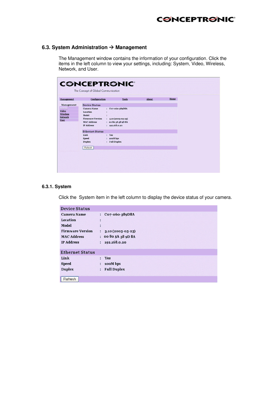 Conceptronic CNETCAM, Conceptronic, C54NETCAM manual System Administration Æ Management 