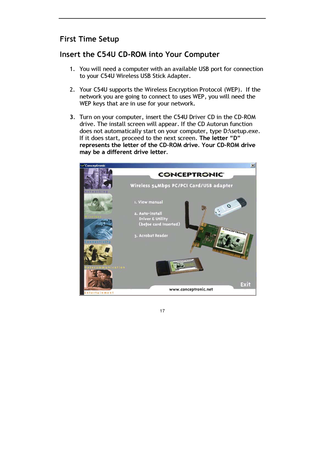 Conceptronic Conceptronic Wireless 54Mbps USB Stick Adapter First Time Setup Insert the C54U CD-ROM into Your Computer 