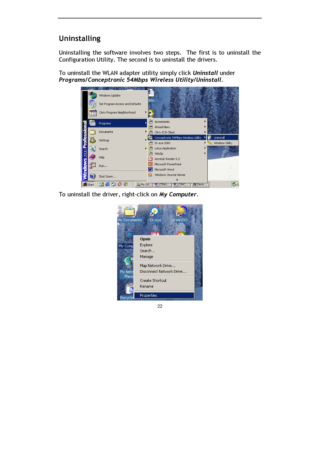 Conceptronic C54U manual Uninstalling, Programs/Conceptronic 54Mbps Wireless Utility/Uninstall 
