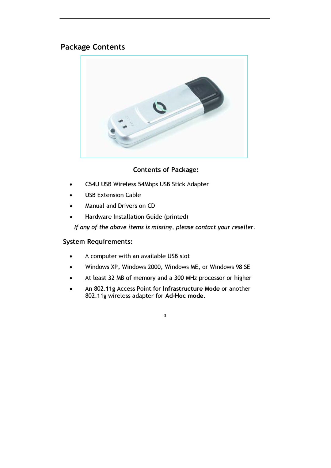 Conceptronic Conceptronic Wireless 54Mbps USB Stick Adapter, C54U manual Package Contents 