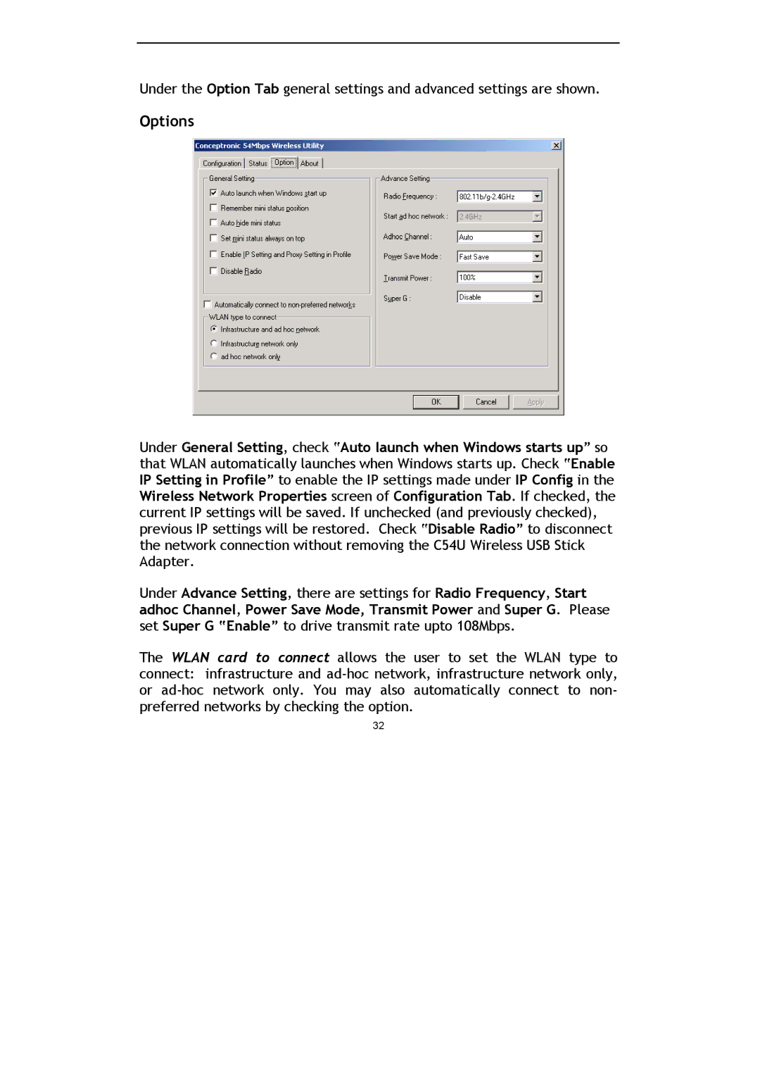 Conceptronic C54U, Conceptronic Wireless 54Mbps USB Stick Adapter manual Options 
