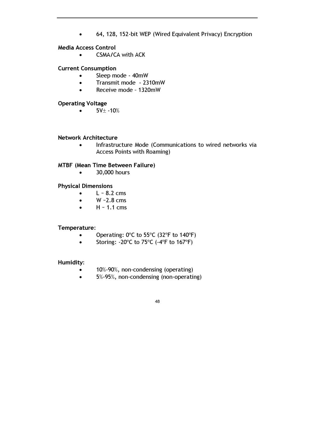 Conceptronic C54U Media Access Control, Current Consumption, Operating Voltage, Network Architecture, Physical Dimensions 