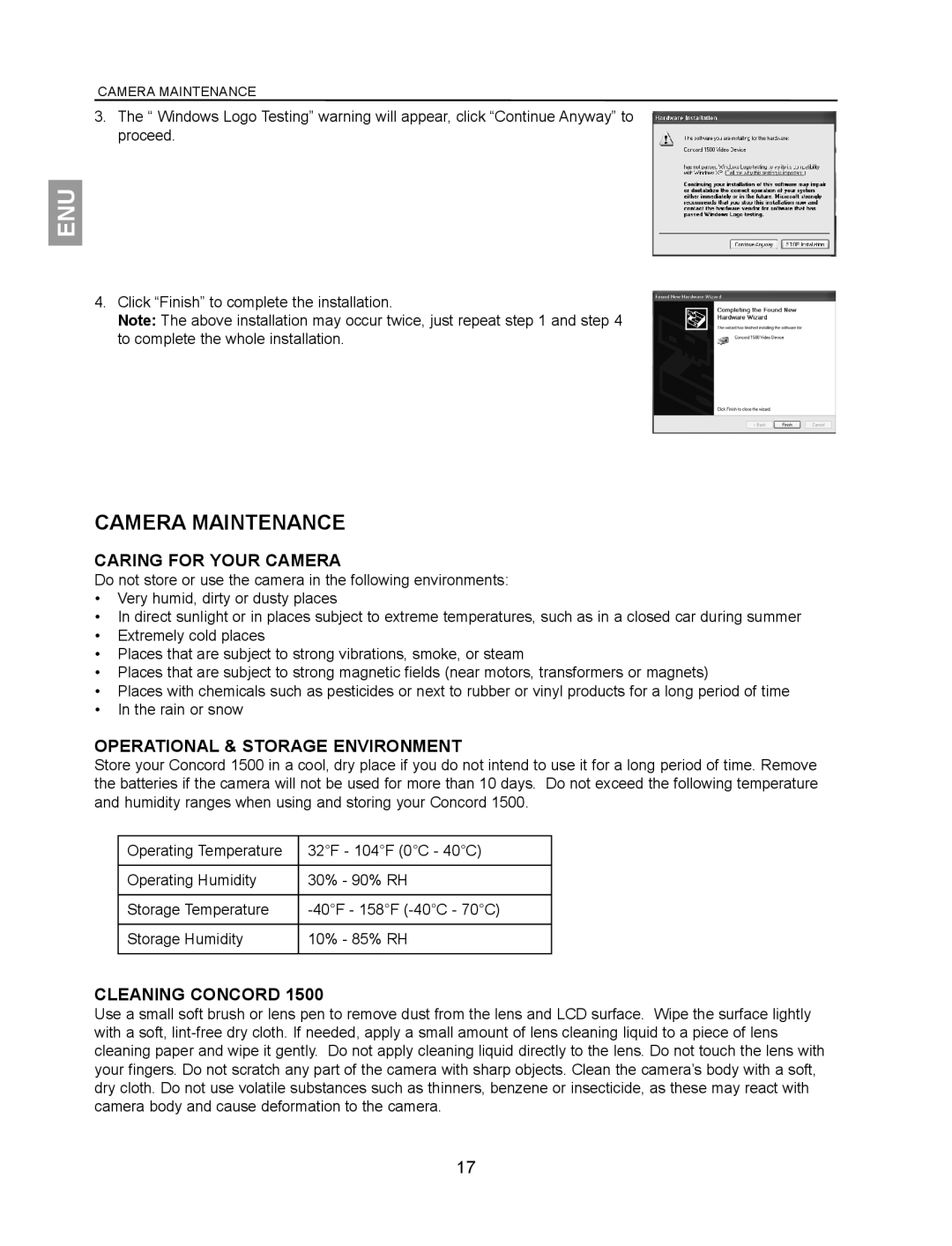 Concord Camera 1500 manual Camera Maintenance, Caring for Your Camera, Operational & Storage Environment, Cleaning Concord 