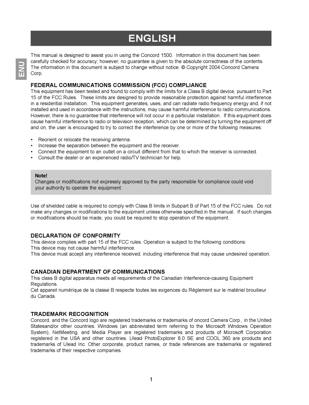 Concord Camera 1500 Federal Communications Commission FCC Compliance, Declaration of Conformity, Trademark Recognition 