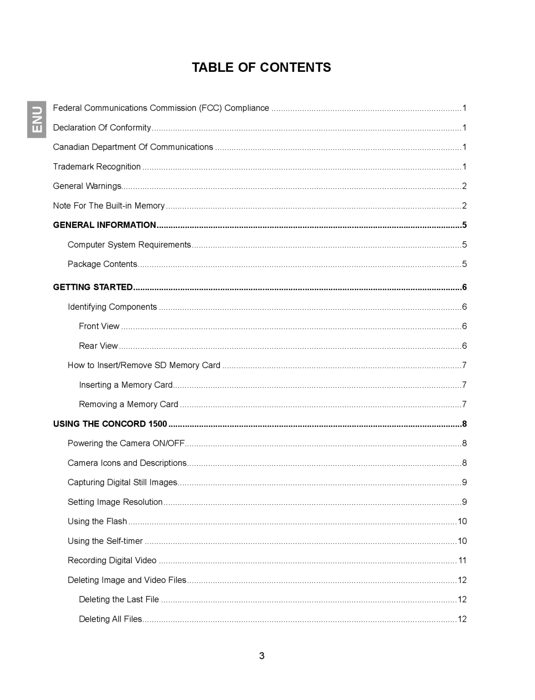 Concord Camera 1500 manual Table of Contents 