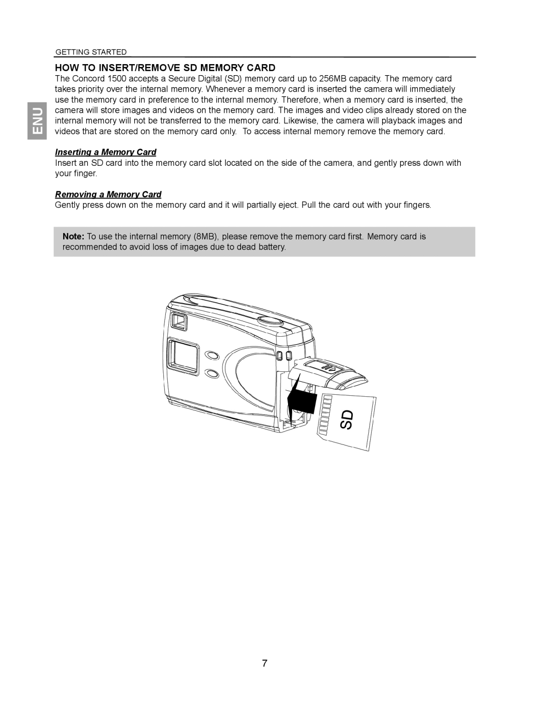 Concord Camera 1500 manual HOW to INSERT/REMOVE SD Memory Card, Inserting a Memory Card 