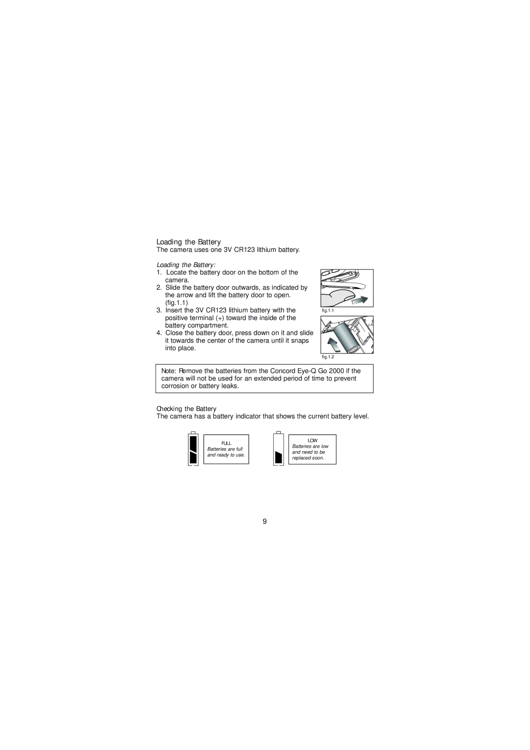 Concord Camera 2000 manual Loading the Battery, Checking the Battery 