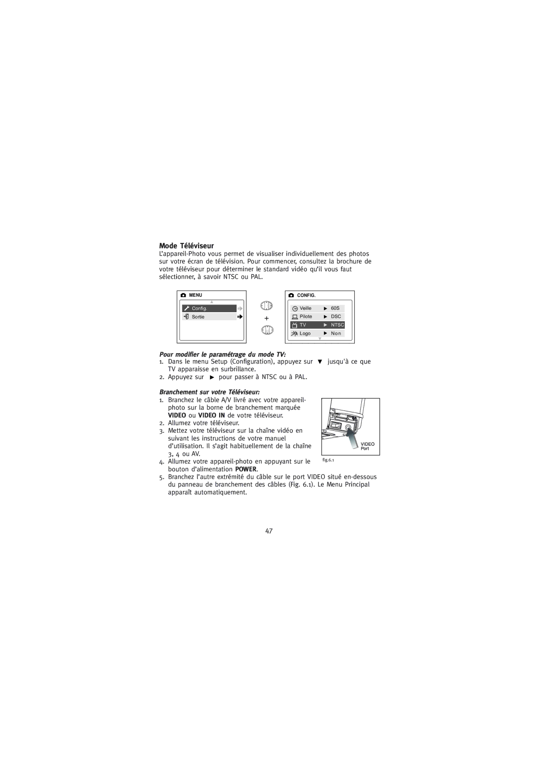 Concord Camera 2000 manual Mode Téléviseur, Pour modifier le paramétrage du mode TV, Branchement sur votre Téléviseur 