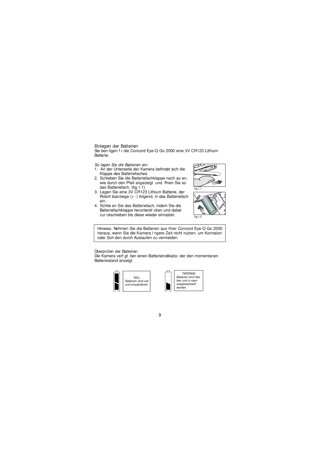 Concord Camera 2000 manual Einlegen der Batterien, So legen Sie die Batterien ein, Überprüfen der Batterien 