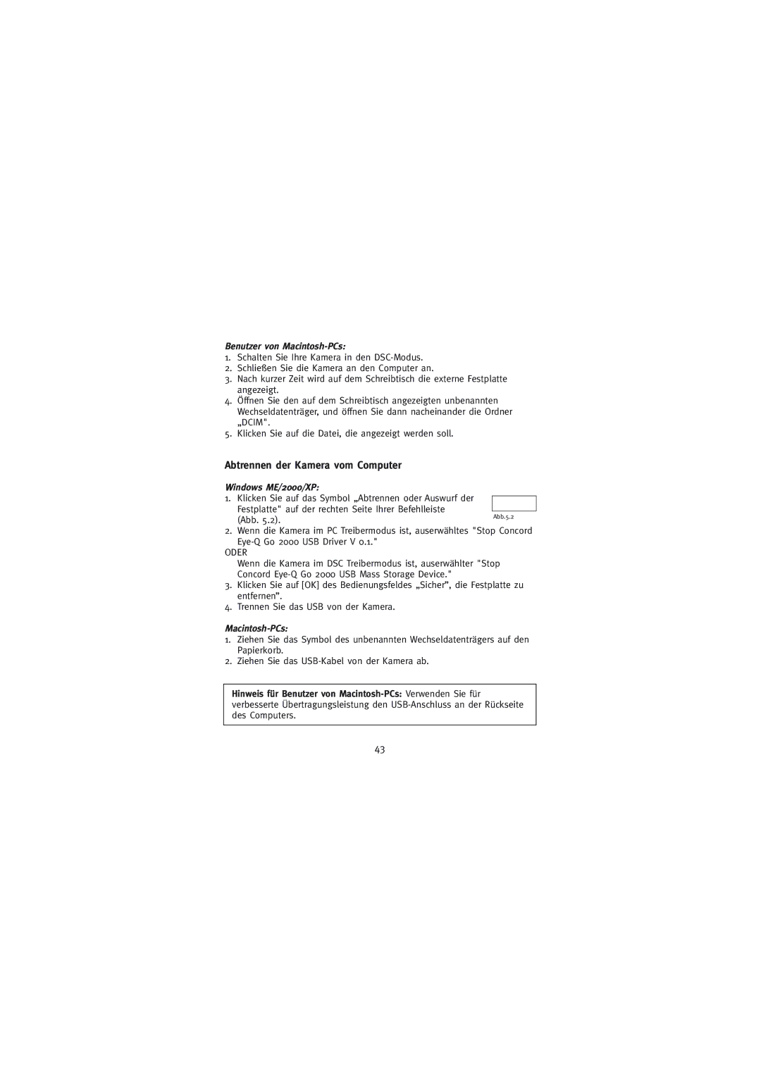 Concord Camera manual Abtrennen der Kamera vom Computer, Benutzer von Macintosh-PCs, Windows ME/2000/XP 