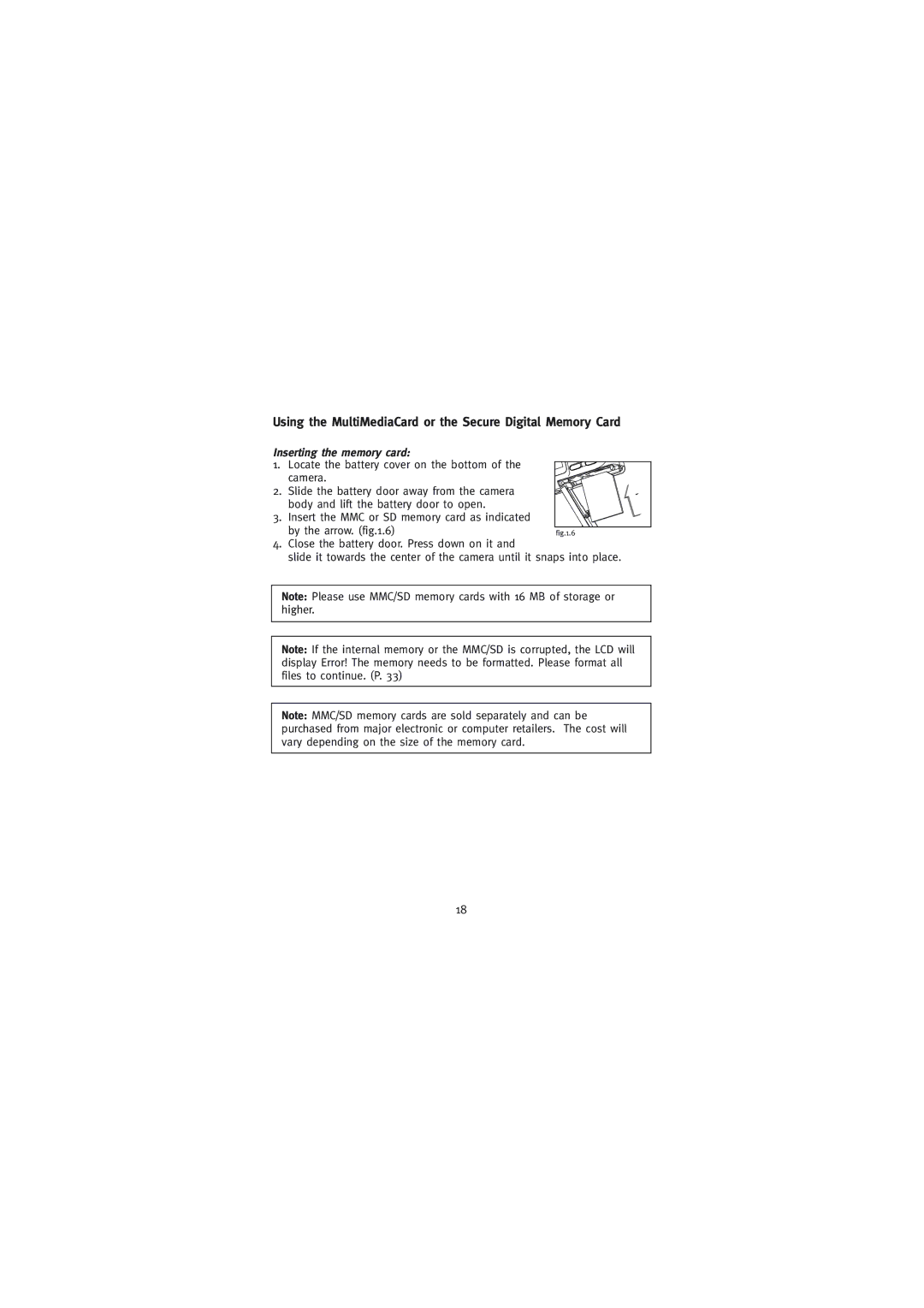 Concord Camera 2000 manual Using the MultiMediaCard or the Secure Digital Memory Card, Inserting the memory card 