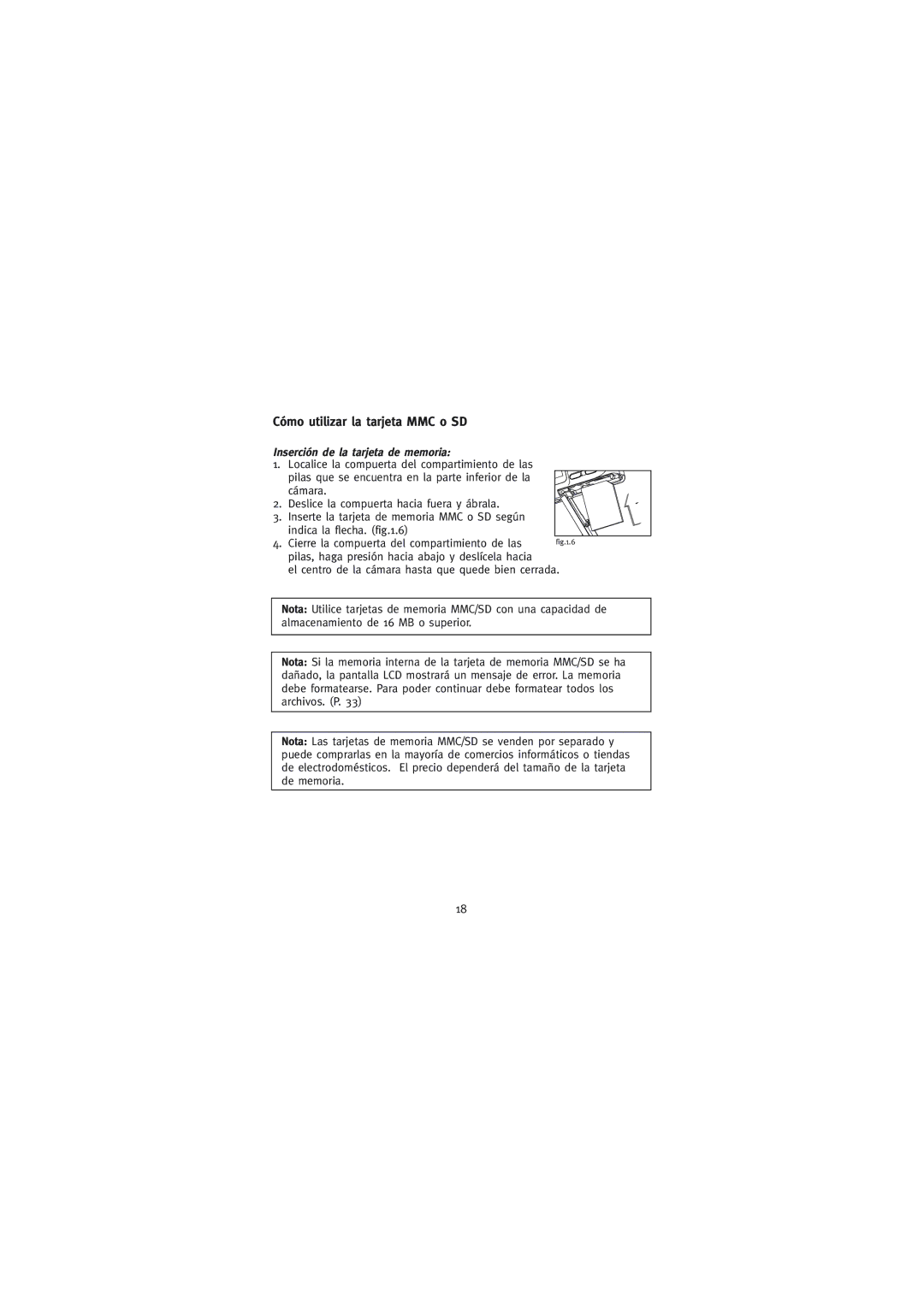 Concord Camera 2000 manual Cómo utilizar la tarjeta MMC o SD, Inserción de la tarjeta de memoria 