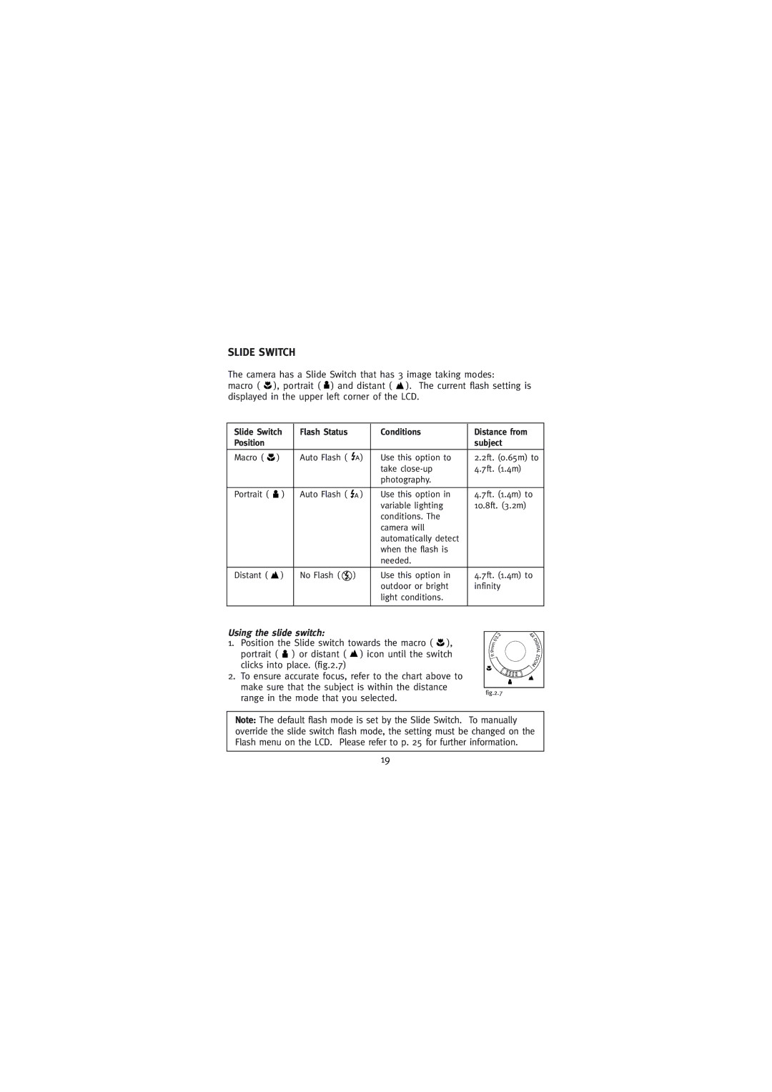 Concord Camera 2000 manual Slide Switch, Using the slide switch, Conditions Distance from Position Subject 