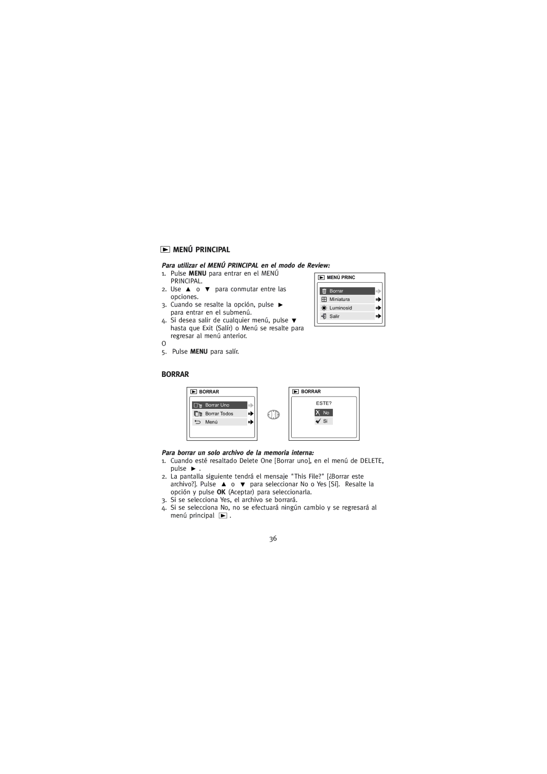 Concord Camera 2000 manual Borrar, Para utilizar el Menú Principal en el modo de Review 