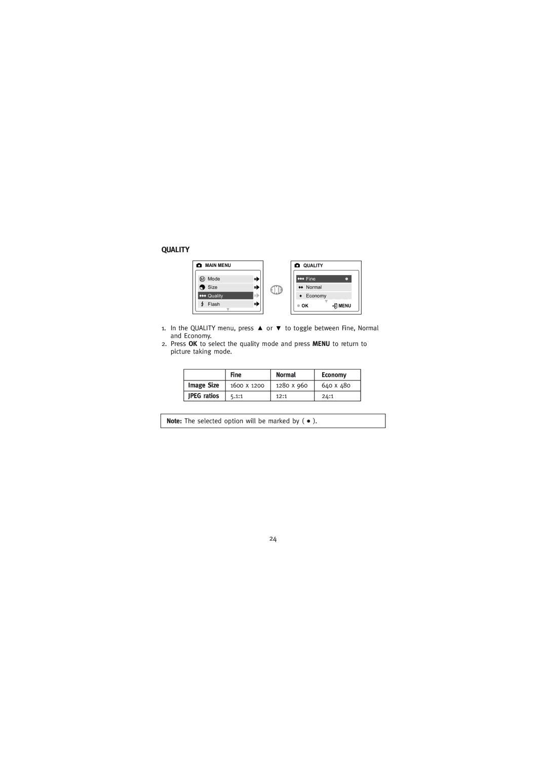 Concord Camera 2000 manual Quality, Fine Normal Economy, Image Size, Jpeg ratios 