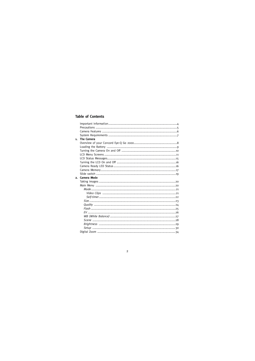 Concord Camera 2000 manual Table of Contents 