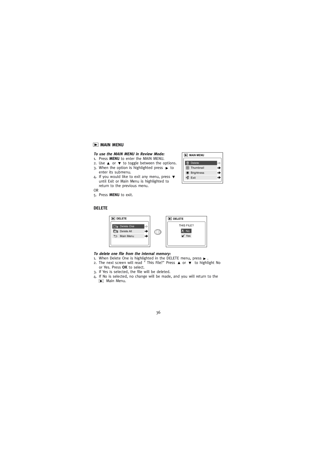 Concord Camera 2000 manual Delete, To use the Main Menu in Review Mode, To delete one file from the internal memory 