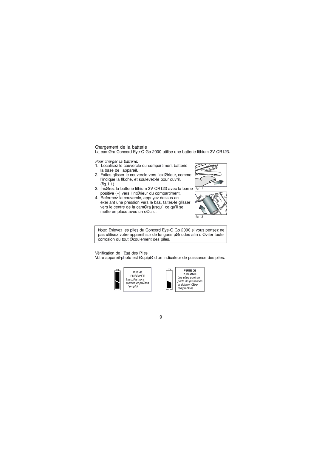 Concord Camera 2000 manual Chargement de la batterie, Pour charger la batterie, Vérification de l’Etat des Piles 
