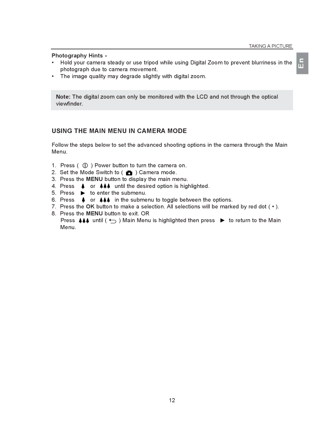 Concord Camera 2040 manual Using the Main Menu in Camera Mode, Photography Hints 