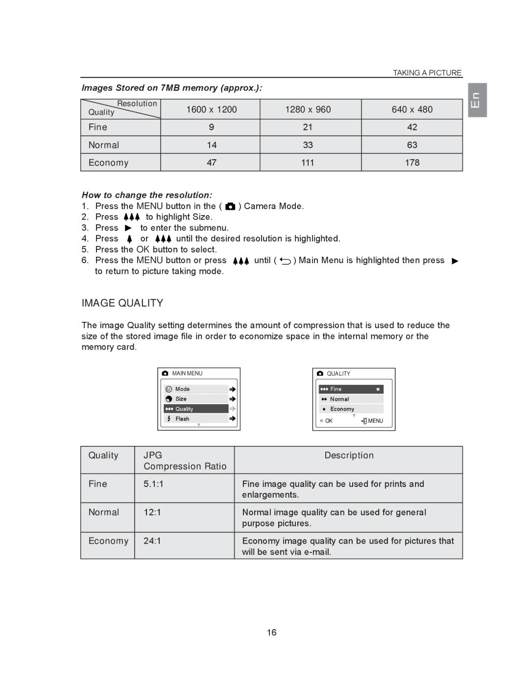 Concord Camera 2040 manual Image Quality, Images Stored on 7MB memory approx, How to change the resolution, Jpg 