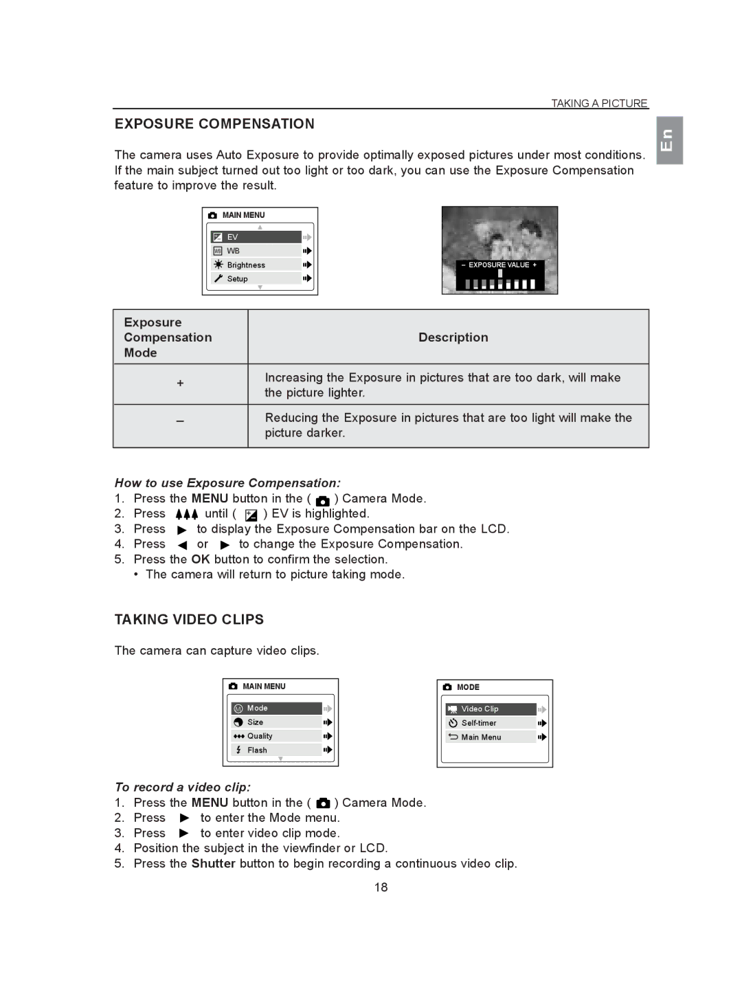 Concord Camera 2040 manual Taking Video Clips, How to use Exposure Compensation, To record a video clip 