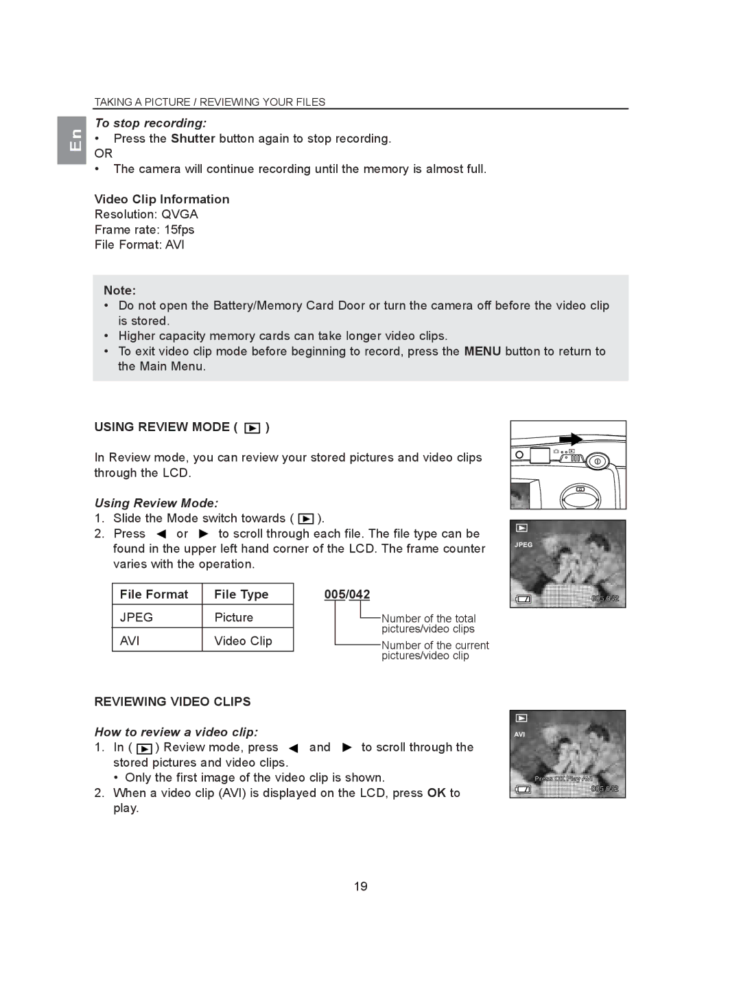 Concord Camera 2040 manual To stop recording, Using Review Mode, Reviewing Video Clips, How to review a video clip 