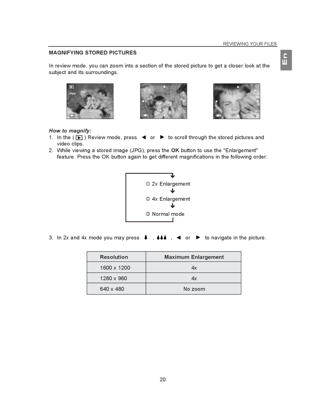 Concord Camera 2040 manual Magnifying Stored Pictures, How to magnify, Resolution 