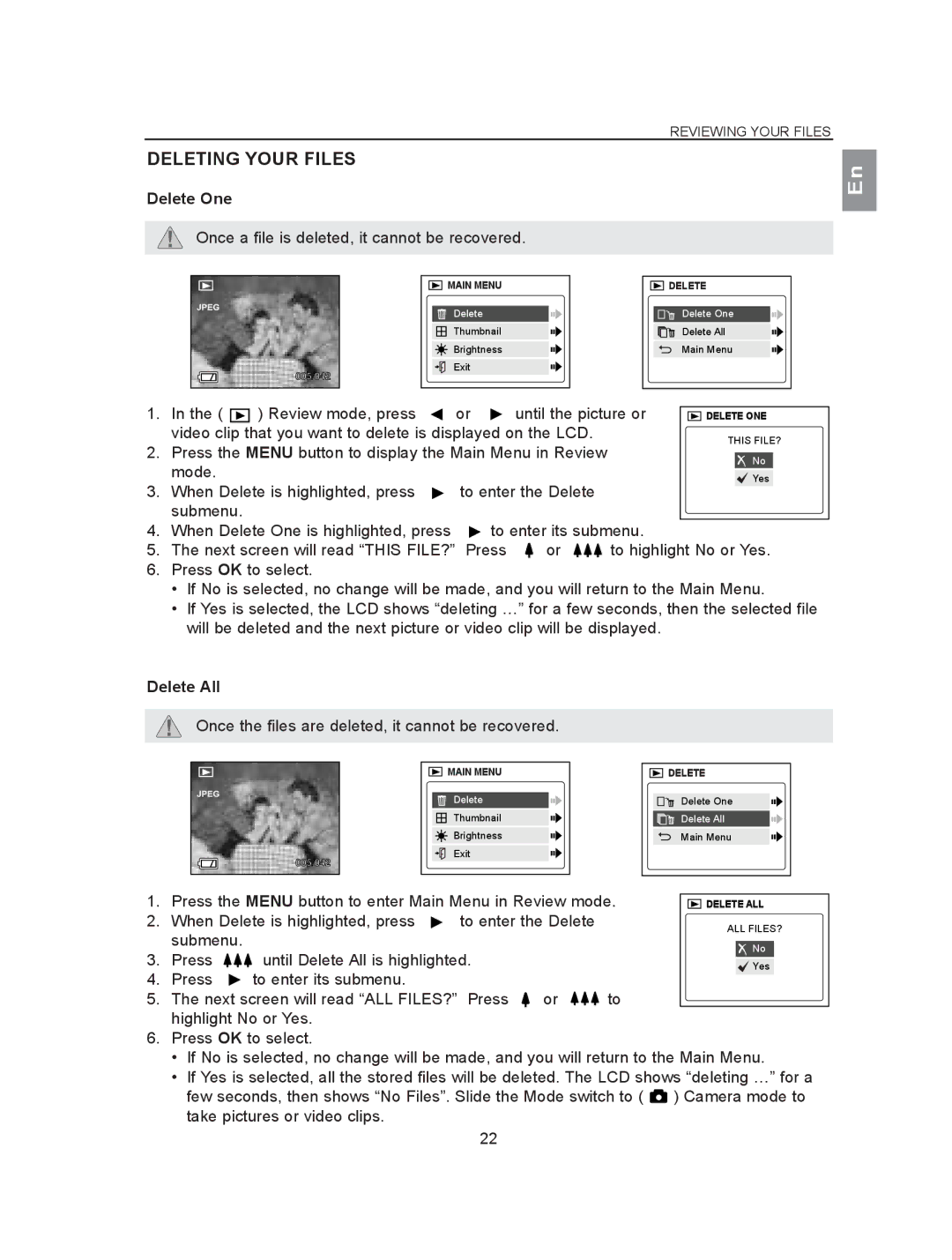 Concord Camera 2040 manual Deleting Your Files, Delete One, Delete All 