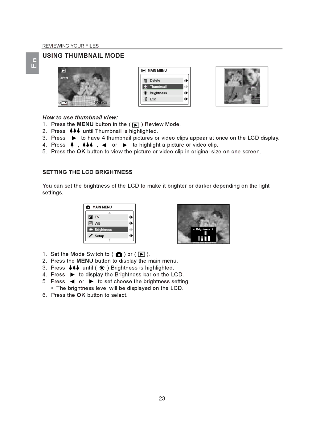 Concord Camera 2040 manual Using Thumbnail Mode, How to use thumbnail view, Setting the LCD Brightness 