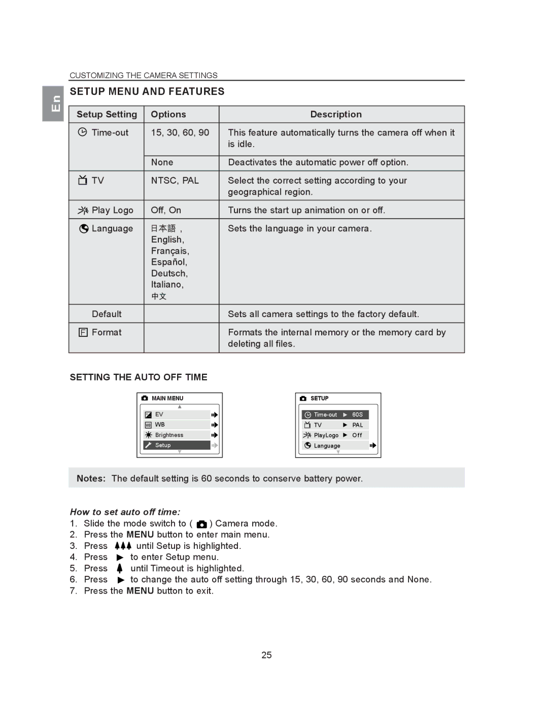 Concord Camera 2040 manual Setup Menu and Features, Setup Setting Options Description, Setting the Auto OFF Time 