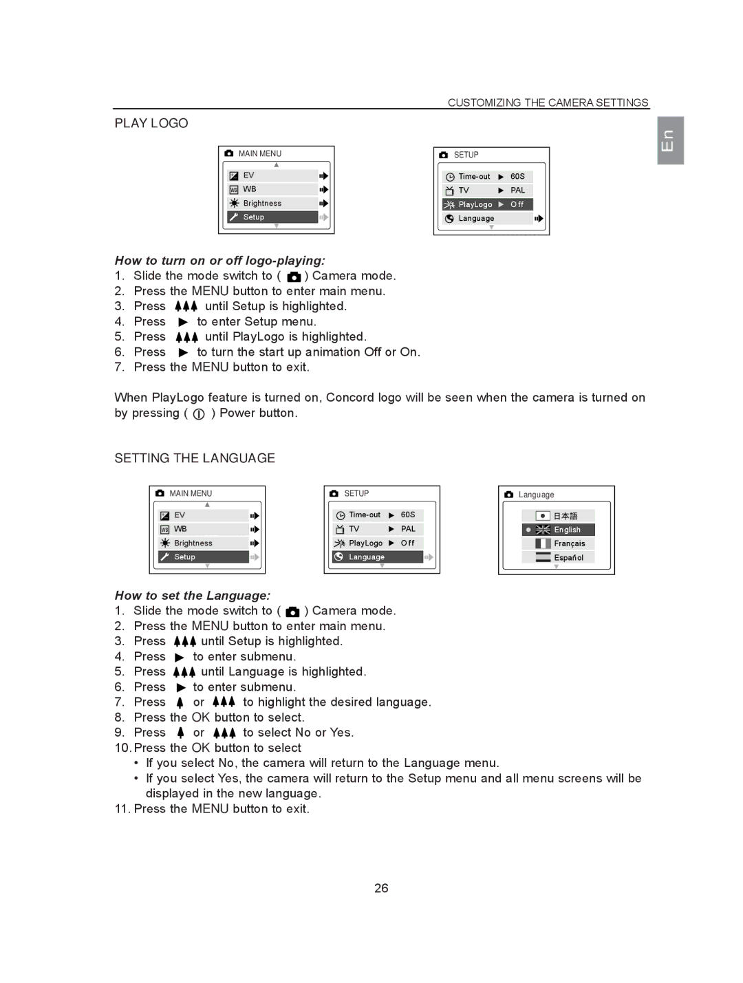 Concord Camera 2040 manual Play Logo, How to turn on or off logo-playing, Setting the Language, How to set the Language 