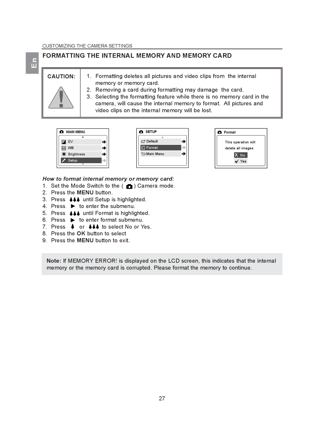 Concord Camera 2040 manual Formatting the Internal Memory and Memory Card, Memory or memory card 