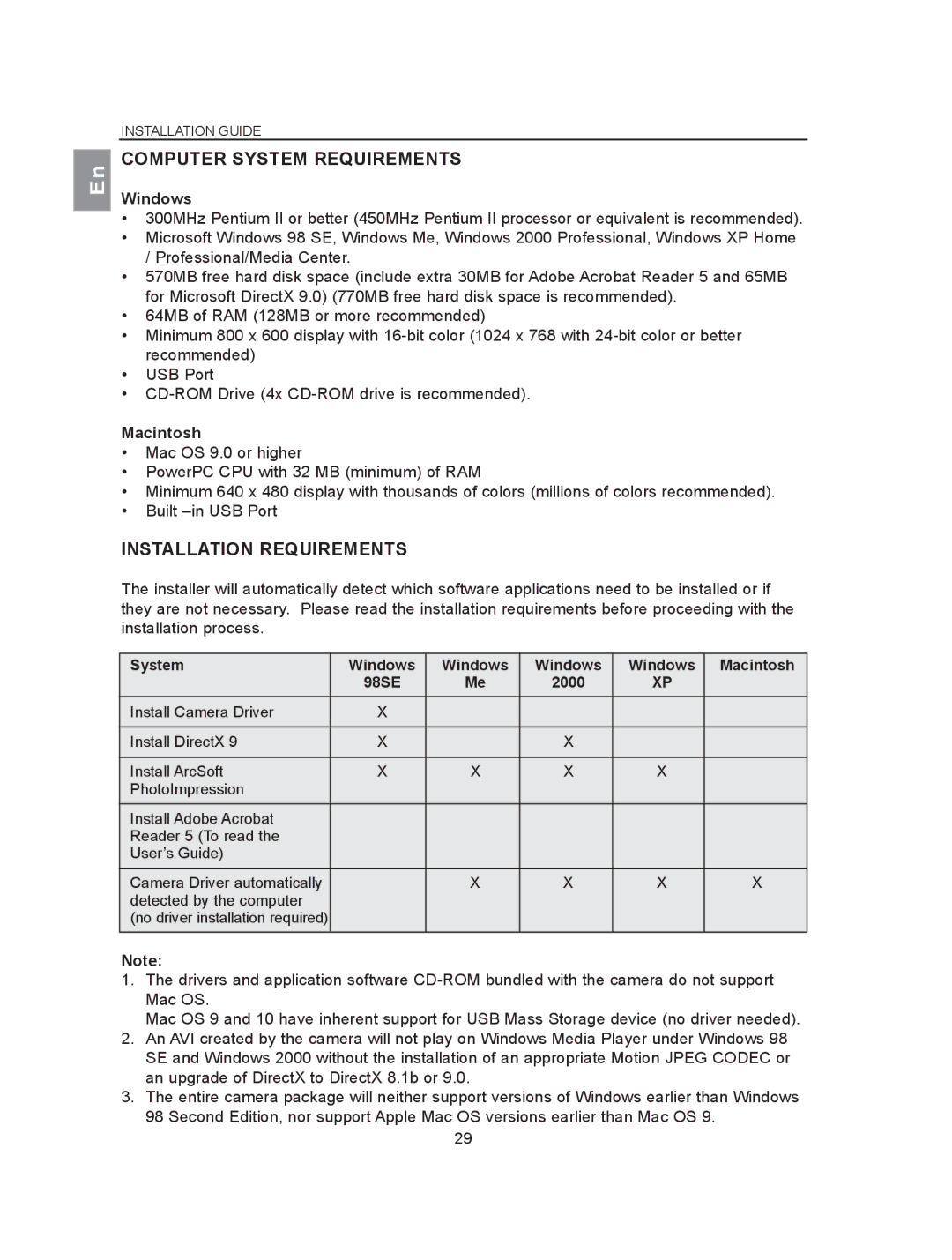 Concord Camera 2040 manual Computer System Requirements, Installation Requirements, Windows, Macintosh 