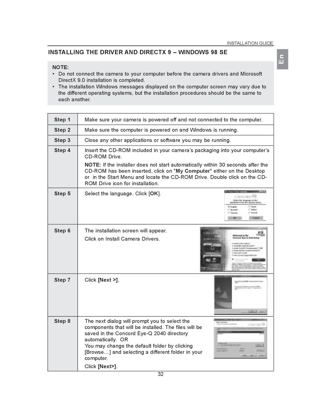 Concord Camera 2040 manual Installing the Driver and Directx 9 Windows 98 SE, Step, Click on Install Camera Drivers 