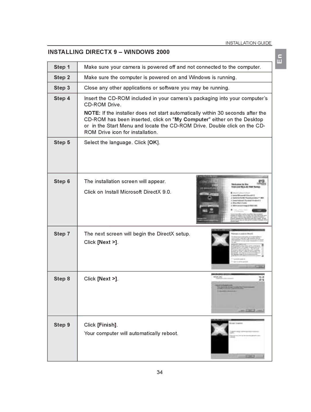 Concord Camera 2040 manual Installing Directx 9 Windows, Click Next Step Click Finish 