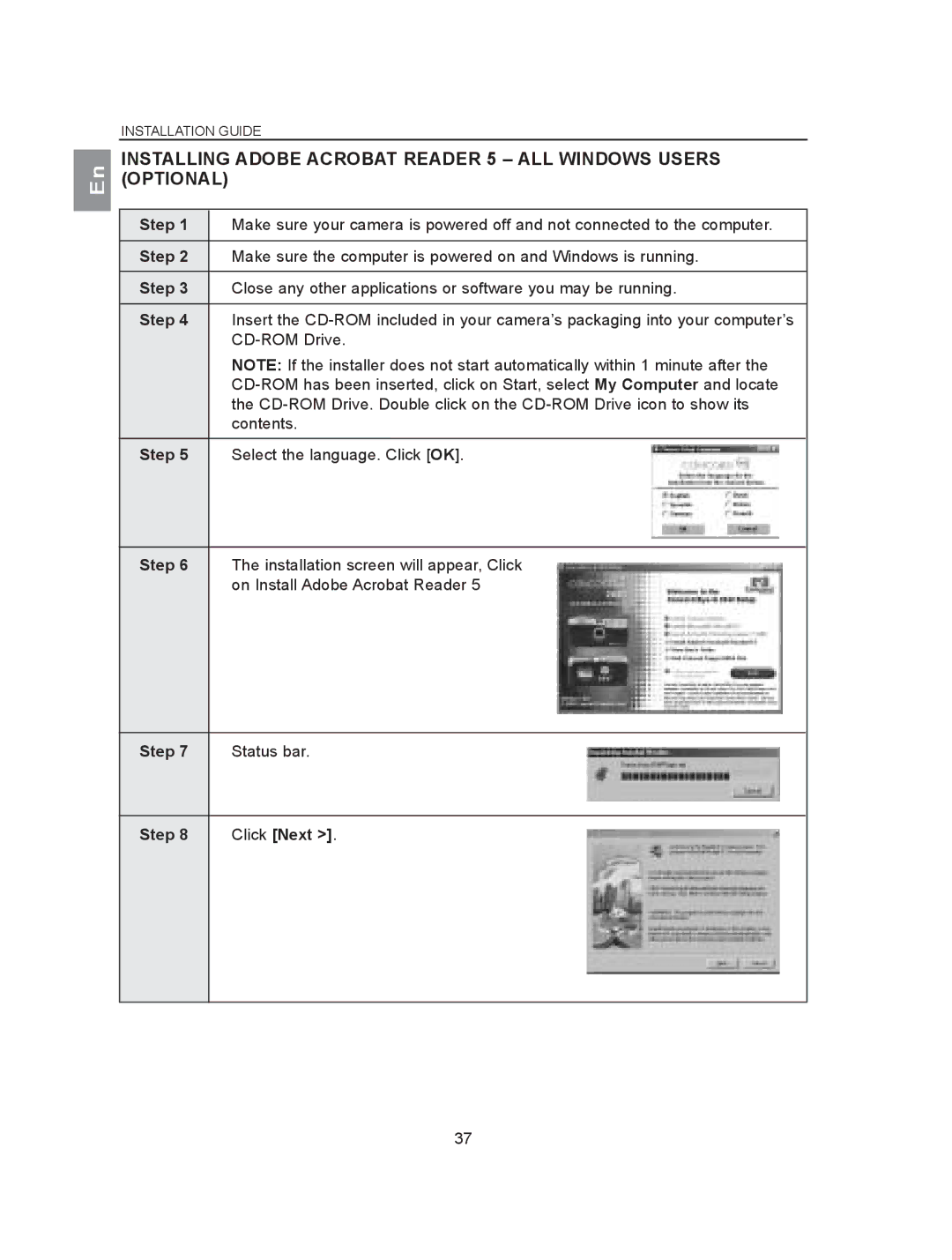 Concord Camera 2040 manual On Install Adobe Acrobat Reader, Step Status bar Click Next 