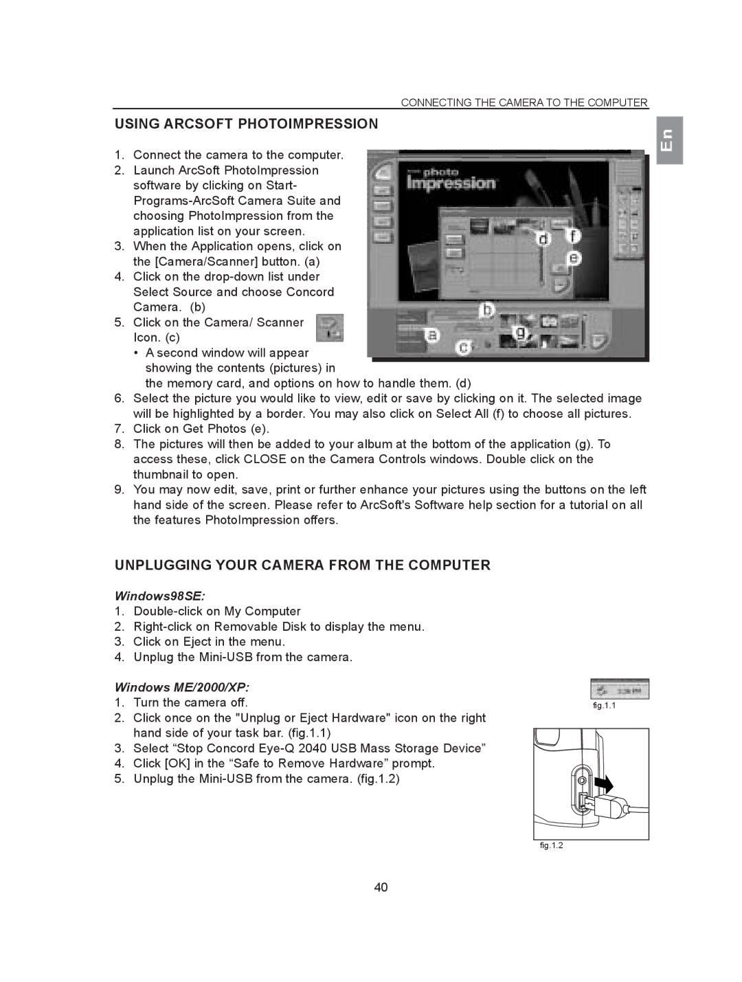 Concord Camera 2040 manual Using Arcsoft Photoimpression, Unplugging Your Camera from the Computer, Windows98SE 