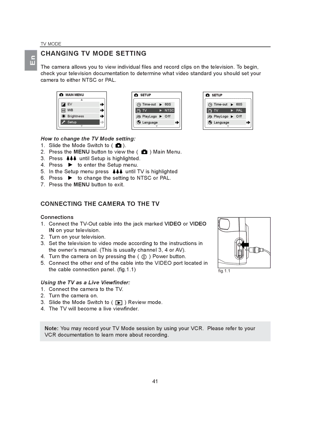 Concord Camera 2040 manual Changing TV Mode Setting, Connecting the Camera to the TV, How to change the TV Mode setting 