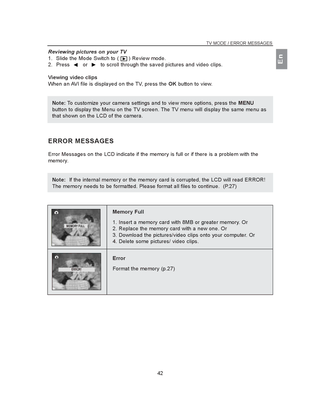 Concord Camera 2040 manual Error Messages, Reviewing pictures on your TV, Viewing video clips, Memory Full 