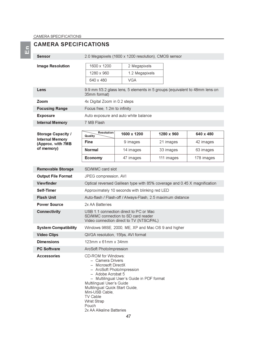 Concord Camera 2040 manual Camera Specifications, Vga 